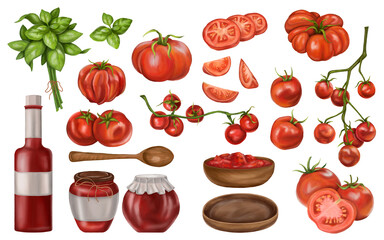 A set of red tomatoes. On a twig, slices, pairs, singly. Dishes for storing and consuming tomato paste