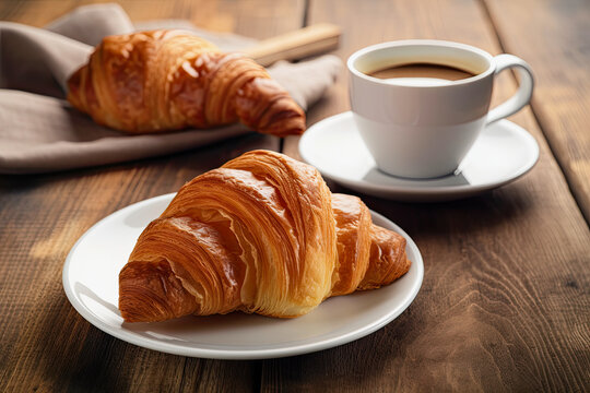generative ai illustration of a croissant on a white plate, beside a cup of coffee on wooden background