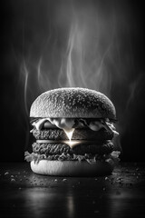 A black and white photo of a cheeseburger