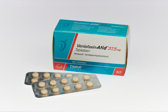 Package of Venlafaxin medicine from Dexcel  company, Germany. Antidepressant against depression, melancholy and other psychological illness factors. Only additorial use.