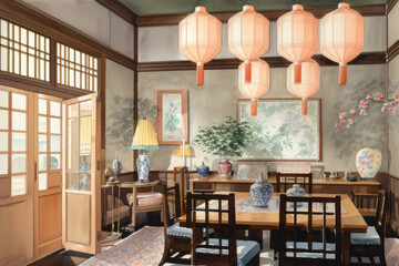 A grand dining room with a traditional platformstyle dining table a shoji screen and a glowing paper lantern.. AI generation.