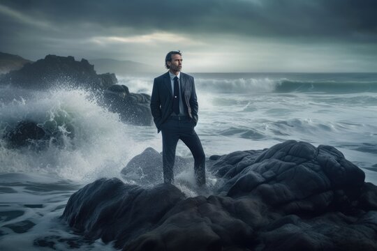 Rear view of businessman standing on rock in the ocean facing oncoming waves, created with Generative AI
