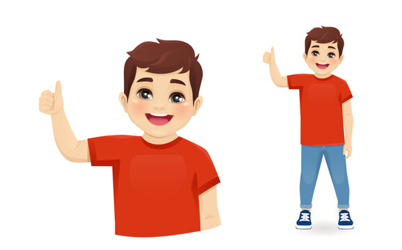 Smiling cute little boy showing thumb up isolated on white background vector illustration