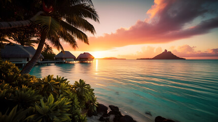 Beautiful image of a tropical beach at sunset, illustrator ai generative