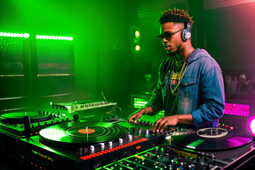 Obraz na płótnie Canvas Professional african american DJ in headphones with sound mixer in nightclub. Generative ai.