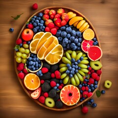 top view of fruit platter on wooden table - generative ai