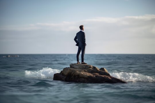 Rear view of businessman standing on rock in the ocean facing oncoming waves, created with Generative AI
