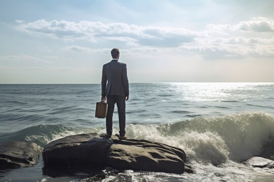 Rear view of businessman standing on rock in the ocean facing oncoming waves, created with Generative AI
