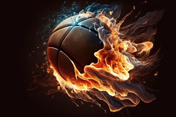 Basketball in on fire, burning ball flies on dark background. Winning championship. Generative AI