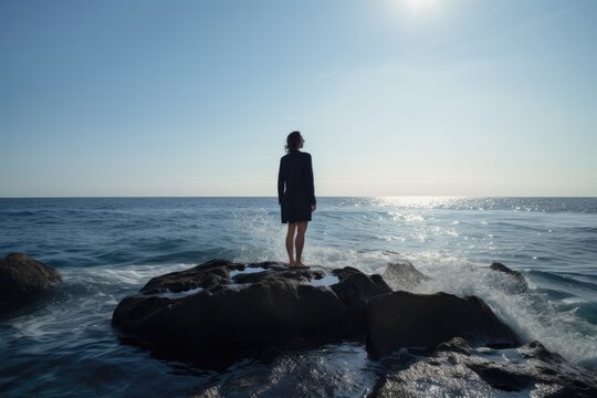 Rear view of businesswoman standing on rock in the ocean facing oncoming waves, created with Generative AI
