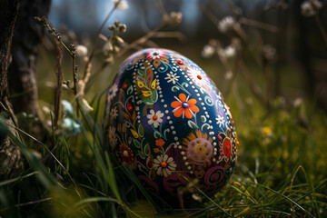 Obraz na płótnie Canvas close up of an traditional Latvian easter egg in the green grass with spring flowers, Generative AI