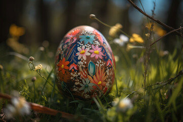 close up of an traditional Latvian easter egg in the green grass with spring flowers, Generative AI