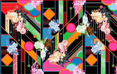 pattern with flowers lines geometric neon