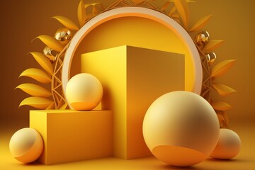 Colorful abstract composition of 3D geometric figures, cubes, spheres, polyhedrons, modern still life, ai generated
