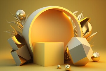 Yellow, gold podium with geometrical figures for product placement, ai generated