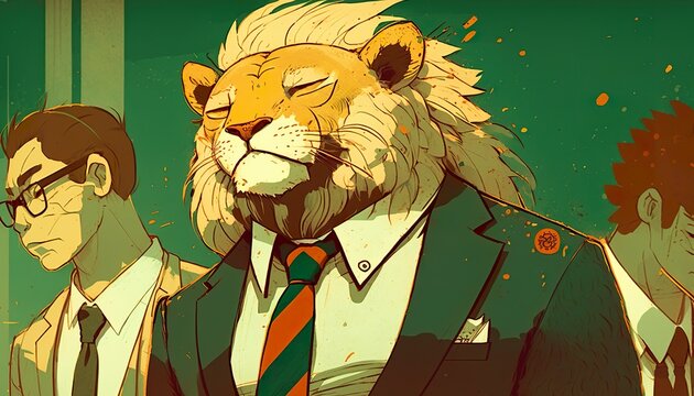 Lion business suit . Creative illustration. (Ai Generate)
