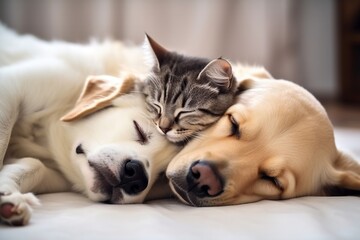 Generative AI. Cat and dog sleeping Puppy and kitten sleep - obrazy, fototapety, plakaty