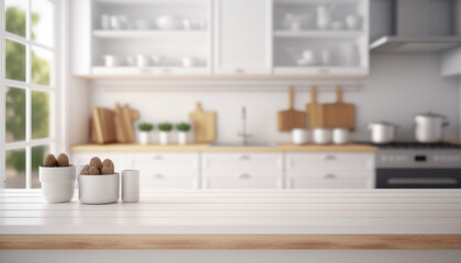 Fototapeta na wymiar Table top and blurred kitchen room as background mockup, Generative AI