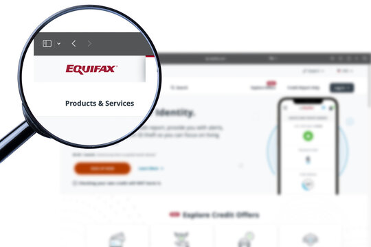 Los Angeles, California, USA - 20 Martha 2023: Illustrative Editorial of EQUIFAX.COM website homepage. EQUIFAX logo visible on display screen.