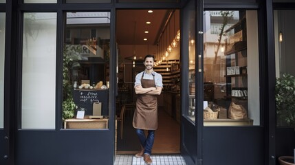 Entrepreneurial spirit: Small business owner stands confidently at cafe entrance. Generative AI.