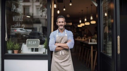 Entrepreneurial spirit: Small business owner stands confidently at cafe entrance. Generative AI.