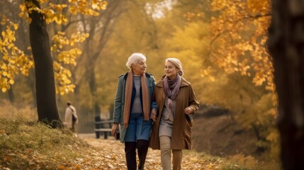 Fototapeta premium Family Bonding in the Park: Senior Woman and Granddaughter Enjoying Autumn Walk. Generative AI.