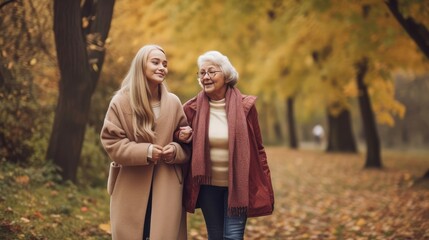 Family Bonding in the Park: Senior Woman and Granddaughter Enjoying Autumn Walk. Generative AI.