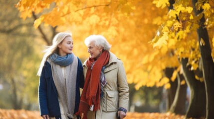 Family Bonding in the Park: Senior Woman and Granddaughter Enjoying Autumn Walk. Generative AI.