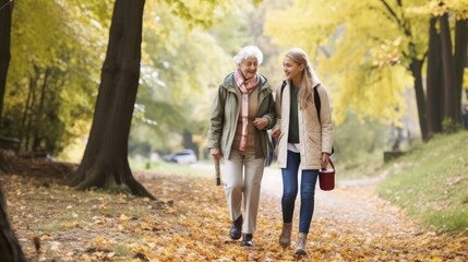 Fototapeta premium Family Bonding in the Park: Senior Woman and Granddaughter Enjoying Autumn Walk. Generative AI.