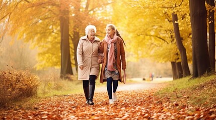 Fototapeta premium Family Bonding in the Park: Senior Woman and Granddaughter Enjoying Autumn Walk. Generative AI.