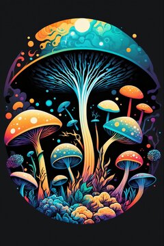 psychedelic mushrooms in a patch in a field of black, colorful