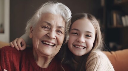 Grandma's Little Angel: Happy Granddaughter Shares a Laugh with her Grandmother at Home. Generative AI.