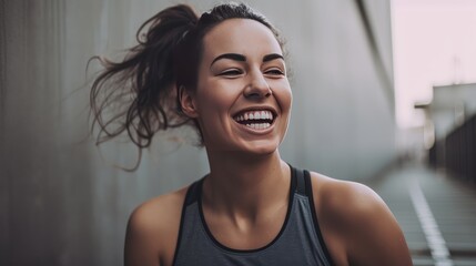 Obraz premium Laughing Her Way to Fitness: Mid-Age Woman After a Gym Workout. Generative AI.