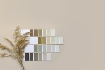 Concept: nature inspires colors. Samples of paints  with dried grass on a beige background.  Neutral beige and gray color palette for decorating and design. Natural pastel colors for home renovation
