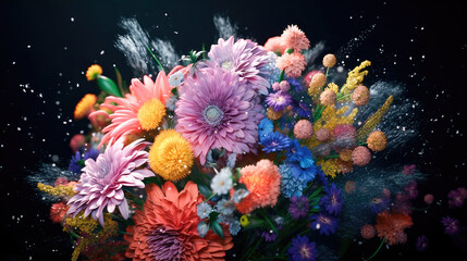 Fototapeta na wymiar Colorful beautiful bright bouquet of flowers on a black background. Generative AI