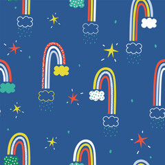 Seamless pattern with colorful rainbows, stars and clouds. Childish fantasy print. Vector hand drawn illustration. - 583265566