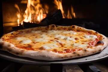 tasty mozzarella pizza coming out of the wood-fired oven