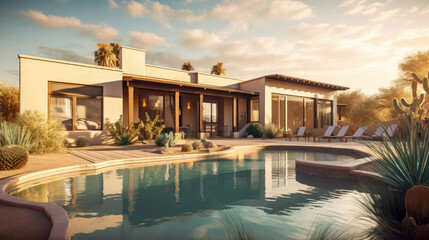 A modern home backyard in Paradise Valley, Arizona by generative AI - obrazy, fototapety, plakaty