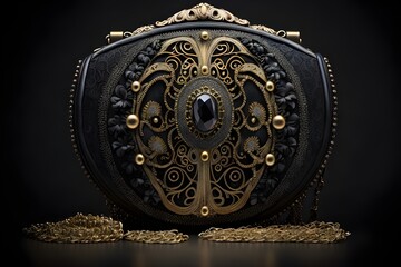 portrait shot of a gothic handbag, gold and black, decorated with Gothic lace and a gemstone, fantasy, generated in AI