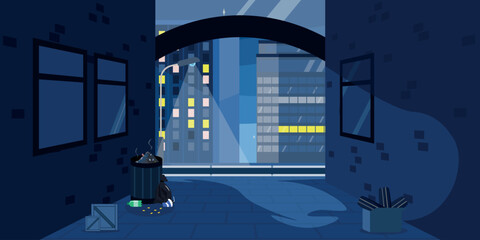 .Vector illustration of a night city in cartoon style. Night walks along a dark and mysterious alley. A street with a box, a trash can, a lantern that refreshes