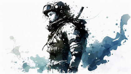 Fototapeta premium Female Soldiers in Combat Zone, isolated on white background - watercolor style illustration background by Generative Ai