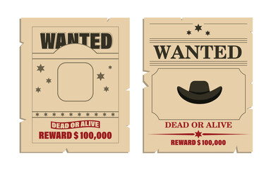 Vector illustration, photo poster, wanted man dead or alive. Western poster, runaway bandit, wanted cowboy. A bounty notice for the robber, printed on parchment.