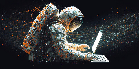  AN ASTROUNAUT MADE OF ABSTRACT PARTICALS TYPING ON A DIGITAL SCREEN ILLUSTRATION