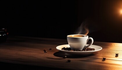 hot cup of coffee on table with coffe beans, selective focus, copy space
