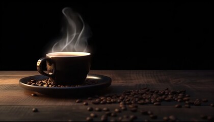 Obraz premium hot cup of coffee with beans, copy space and selective focus