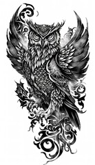 Owl tatoo isolated on white background . Creative illustration. (Ai Generate)