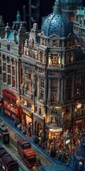 miniature cityscape of london with old buildinftraffic at night, city poster