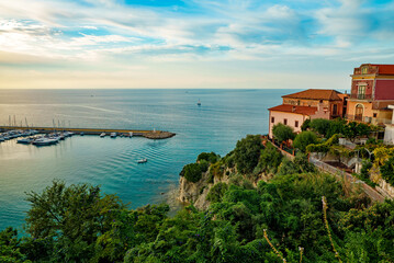 Old city on a cliff in Agropoli city at sunset.