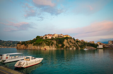 Old city on a cliff in Agropoli city at sunset.