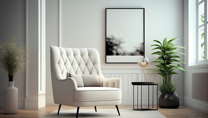 Fototapeta premium Modern interior design armchair sofa in living room with near windows and mock up poster frame in wall at home, Neutral living room, empty nobody, 3D render by Generative AI
